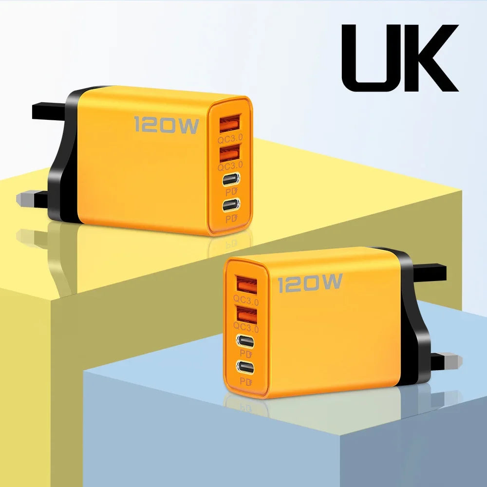 120W USB C Charger 4-Port PD QC3.0 Fast Wall Type C Adapter EU US UK Plug Mobile USB Type C Charger Quick Charger3.0 Travel USB